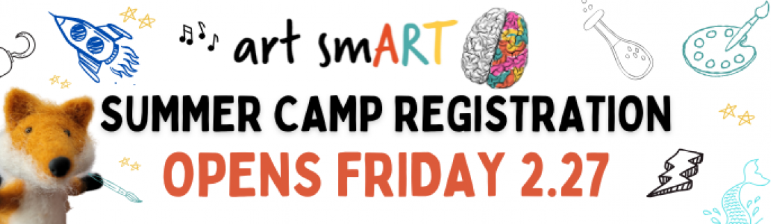 2026 Art Smart Camp logo with doodle drawings of artistic tools around the logo