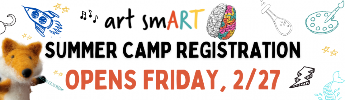 2026 Art Smart Camp logo with doodle drawings of artistic tools around the logo