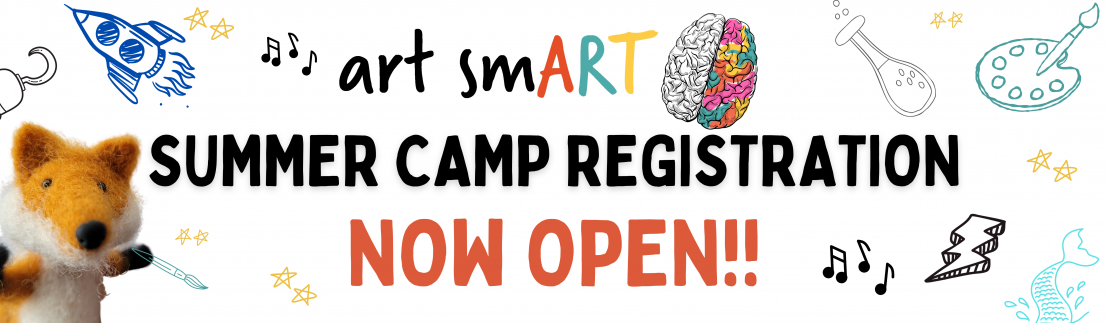 2026 Art Smart Camp logo with doodle drawings of artistic tools around the logo