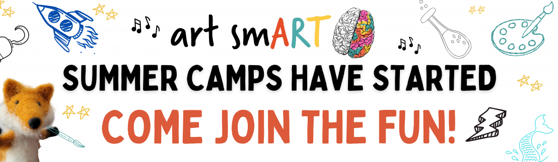 2026 Art Smart Camp logo with doodle drawings of artistic tools around the logo