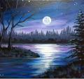 Painting of a river at nighttime with trees and the moon in the sky