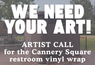 A picture of a restroom with the words We Need Your Art! over the top