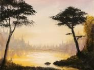Painting of trees with a lake in the background at sunset