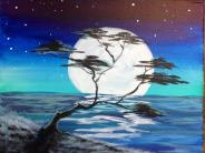 Painting of a tree in front of the moon rising over the ocean