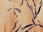 Crop of painting with oranges and blue brush strokes