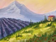 Painting of vineyard, flower/grass hill with house on top, snow-covered mountain and orange sky.