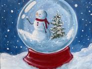 Painting of a snow globe sitting in snow with a starry night background. Inside the globe is a scene of a snowman and small chri