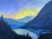 Painting of water and mountain gorge at sunset.