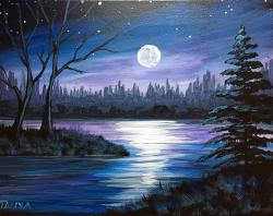 Painting of a river at nighttime with trees and the moon in the sky