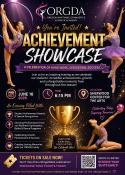 ORGDA 2026 Achievement Showcase poster with two girls dancing and a gold trophy