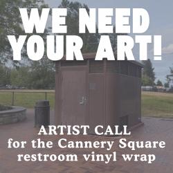 A picture of a restroom with the words We Need Your Art! over the top