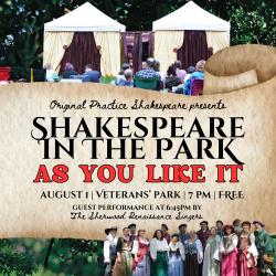 Poster for Shakespeare in the Park on August 1 at Veterans Park