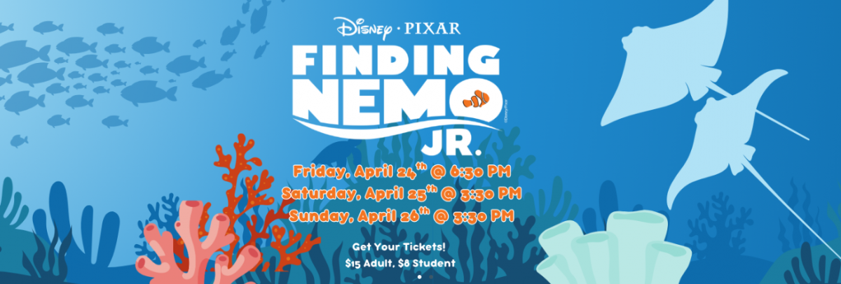 Finding Nemo Jr image with fish swimming and showtimes listed